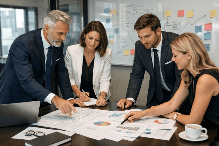 A team reviewing project plans together